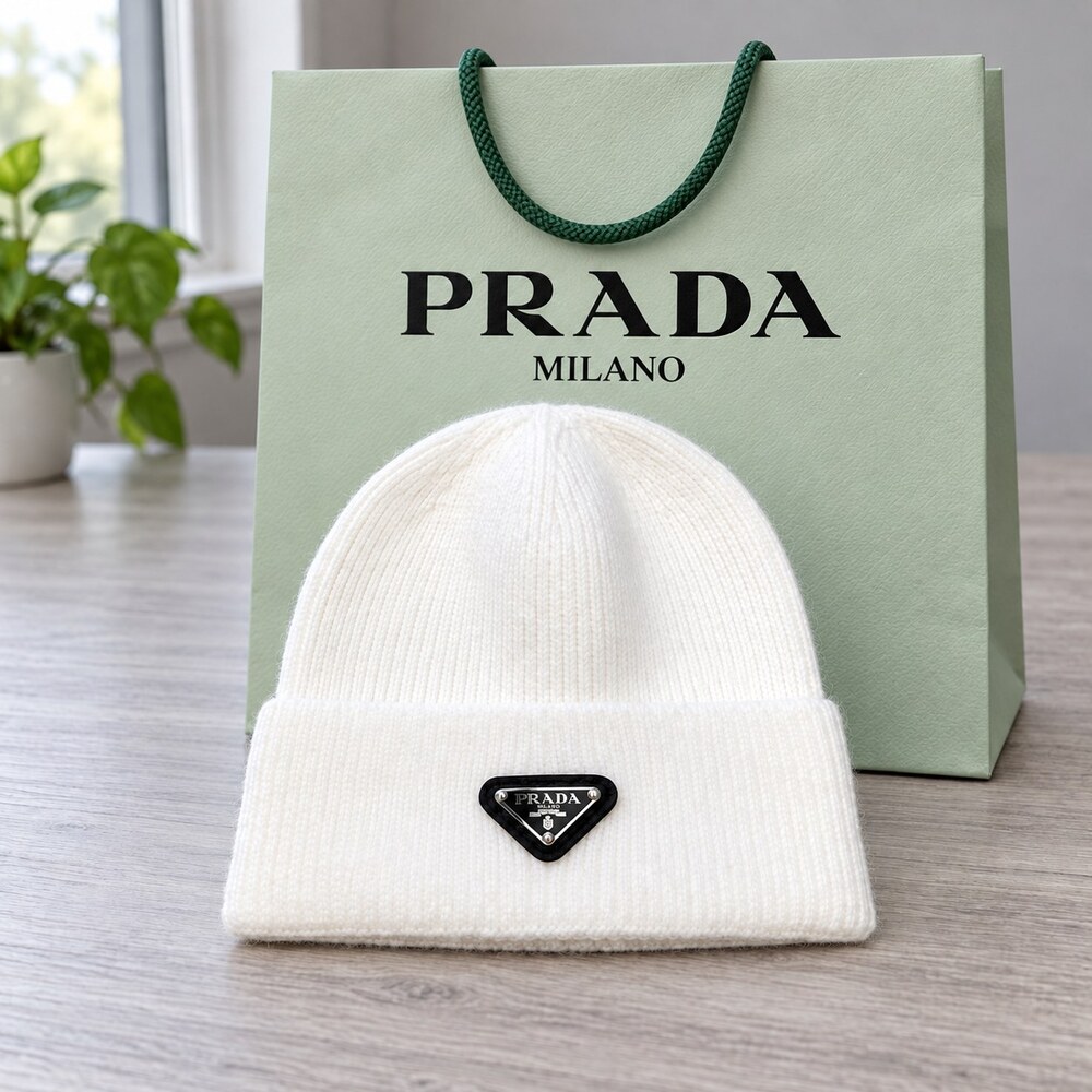 Prada White Ribbed Triangle Logo Beanie